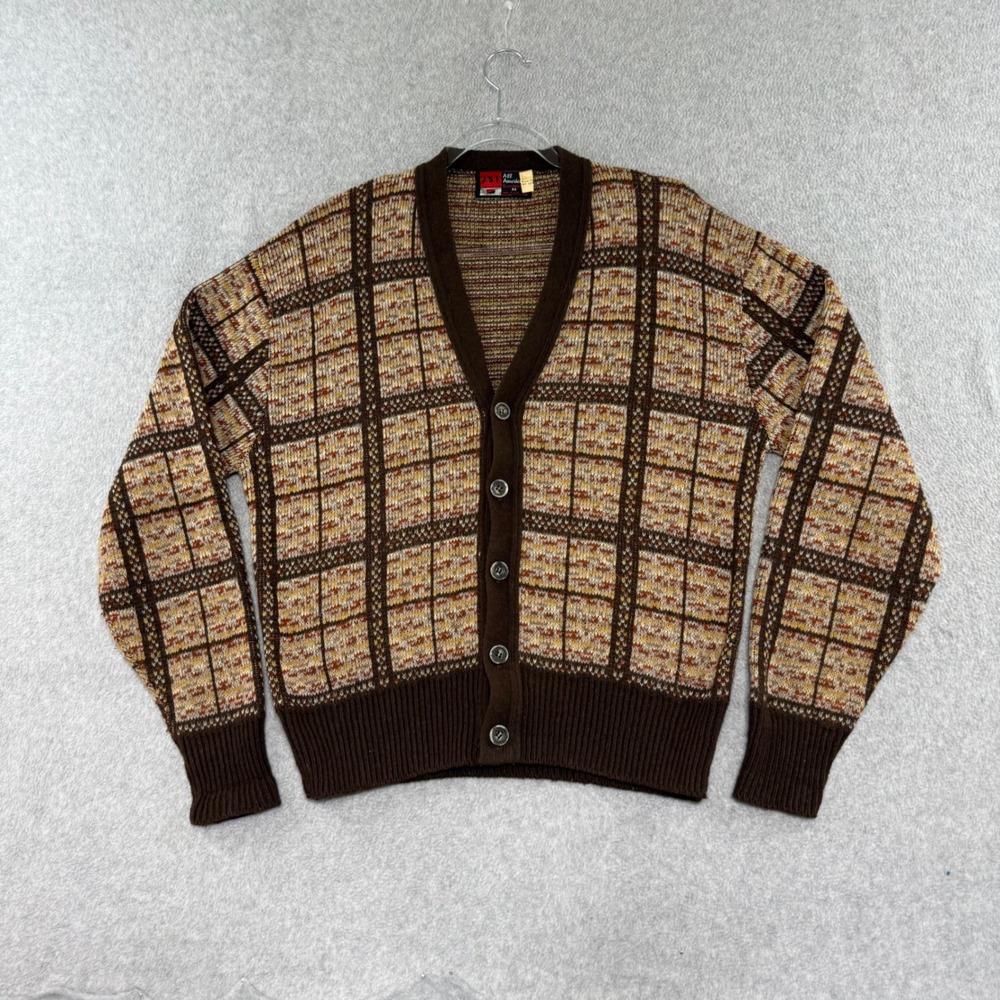 Vintage Retro Knit Patterned Cardigan Mens M Brown Plaid Vintage 70s Acrylic